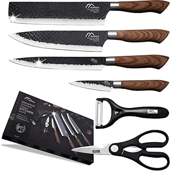 6 Pieces Black Professional Chef Knife Set, BBQ Meat Knives for Cooking, Forged Kitchen Knife with High Carbon Stainless Steel Cutlery Ergonomic Design Handle with Box for Couples Gift$$