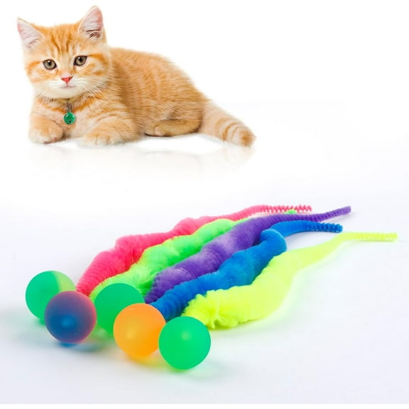 6 Pieces Bouncy Ball with Tail Cat Toys Magic Worm Toys Cat Toy Worm Bouncy Balls for Cats, Random Color