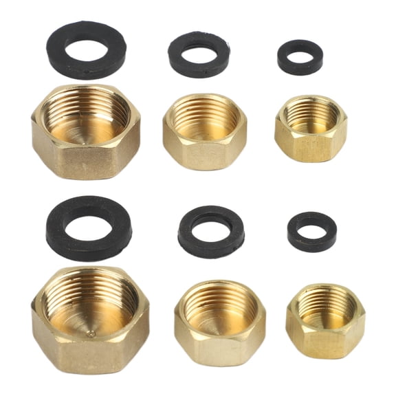 6 Pieces Brass Pipe Cap Set With Rubber Washers, Hexagonal Threaded Fittings For 3/8-1/2-3/4 Inch Garden Hose, Washing Machine Valves And Plumbing Sealing(C)