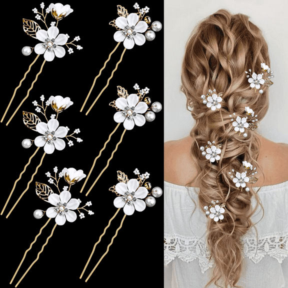 6 Pieces Bridal Flower Wedding Hair Pins Crystal Pearl Hair Pins Clips Headpiece Wedding Hair Accessories for Brides Bridesmaids Women Girls Updo