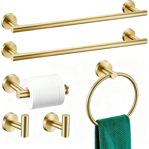 6 Pieces Brushed Gold Bathroom Hardware Accessories Set, SUS304 Stainless Steel 24 Inch Bath Towel Bar Set, Round Bathroom Towel Holder Set, Towel Racks for Bathroom Wall Mounted