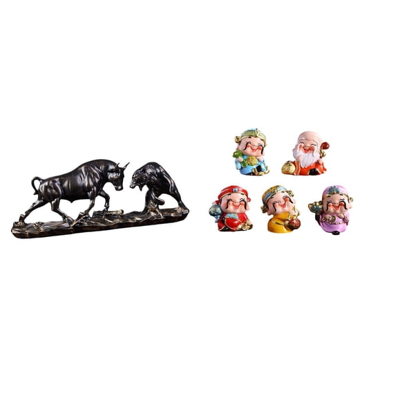 6 Pieces Bull Bear Figurine Cartoon God of Fortune Statue Resin Craft for Living Room Home Decor