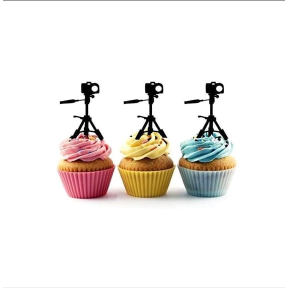 6 Pieces Camera on Tripod Silhouette Acrylic Cupcake Toppers, Black Photography Picks for Photographer Party, Film Themed Decor