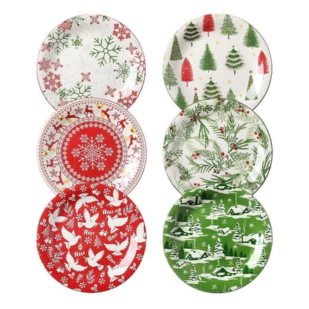 6 Pieces Ceramic 8 in. Christmas Salad Dessert Plates Set for Pasta Side Dishes Holiday Treats Dishwasher Microwave Safe
