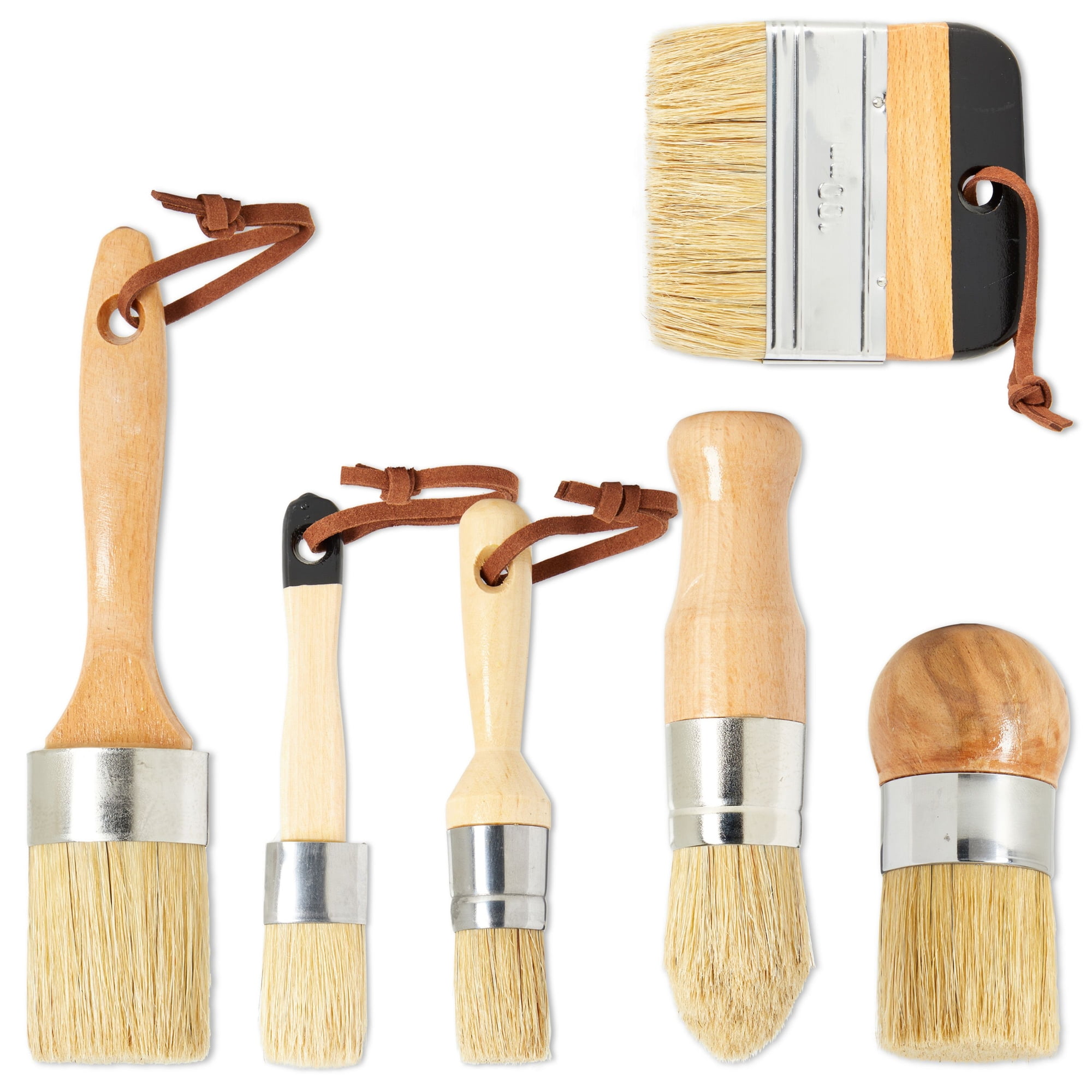 Bristello 6pc Big and Small Chalk and Wax Paint Brush Set. Flat Furniture Paint Brush, Round, Pointed and Oval Paint Brushes for Furniture. Stencil