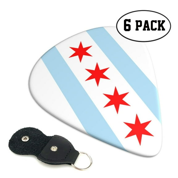 6 Pieces Chicago City Flag Guitar Picks for Guitar Bass Music Instruments with 1 Pick Leather Pick Holder