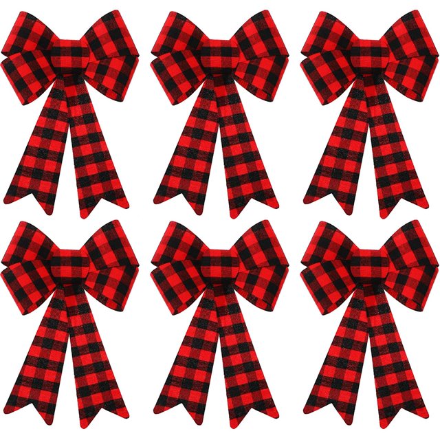 6 Pieces Christmas Buffalo Plaid Bow Checkered Ribbon Bow,Red Black