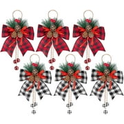 6 Pieces Christmas Burlap Plaid Bow with Pine Cones Pine Needles, Small Christmas Buffalo Plaid Bow Hanging Wreaths, Xmas Decorative Bow for Christmas Tree Crafts DIY Decor