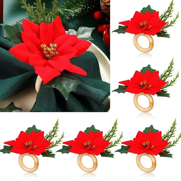 6 Pieces Christmas Napkin Rings Holder, Pine Cones Poinsettia Pumpkin Wooden Napkin Rings Decor, for Christmas Thanksgiving Birthday Party Supplies