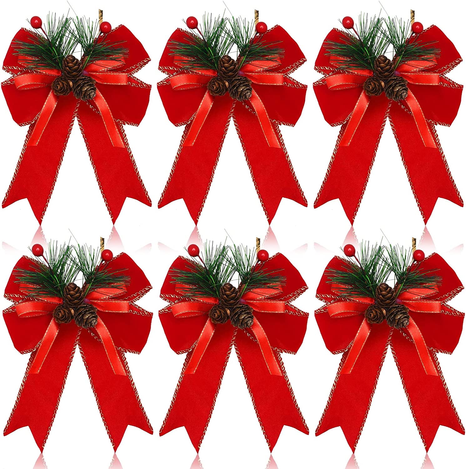6 Pieces Christmas Plaid Bow Checkered Ribbon Bow with Pine Cone