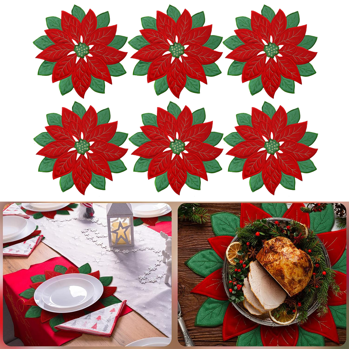 6 Pieces Christmas Poinsettia Flower Embroidery Table Place Mat Pad Cloth Dish Placemat Cup