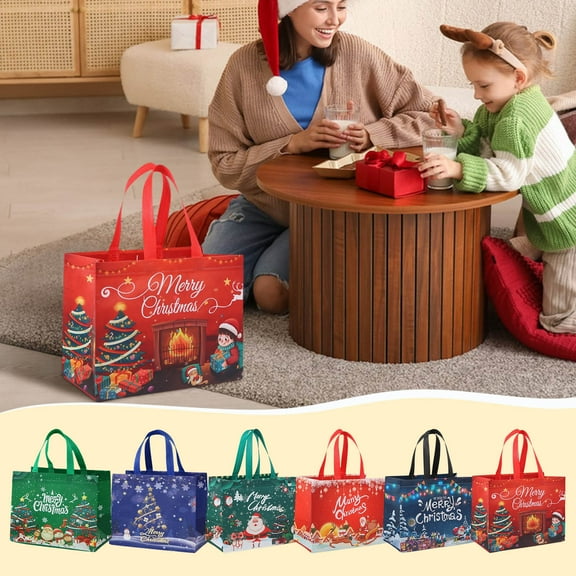 Sahpxhe 6 Pieces Christmas Tote Bags With Handles, Durable Reusable Large Capacity Color Gift Bag for Holiday Christmas Party or Christmas Gifts 12.6x6.7x9.8 Inch Multicolor