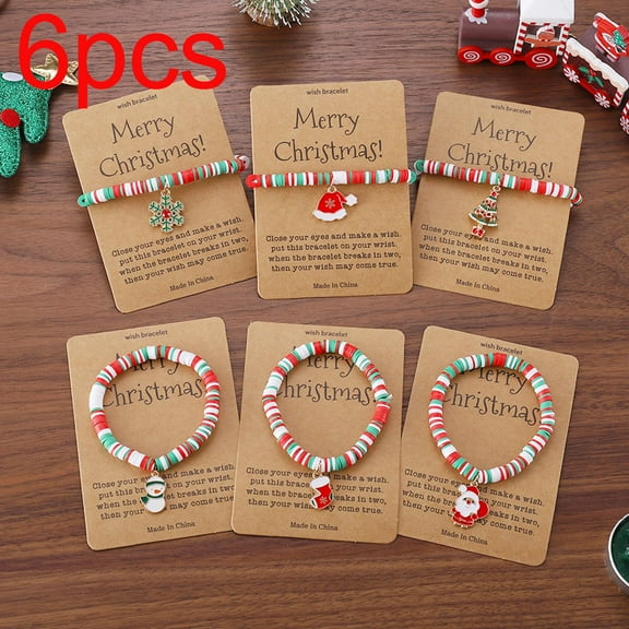 6 Pieces Christmas-themed Pendant Card Jewelry, Cute Santa Claus Soft Clay Beaded Bracelet, Suitable For Women, Perfect Christmas Gift, Christmas Jewelry Making Set, Holiday-themed Handicrafts