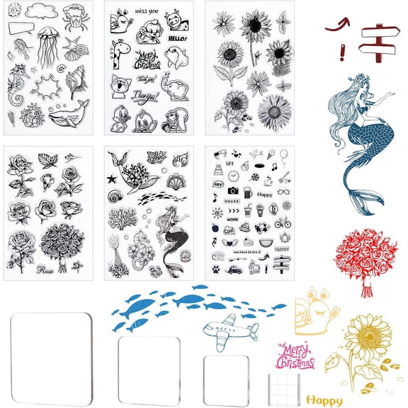 6 Pieces Clear Stamps Transparent Silicone Stamps Set and 4 Pieces Acrylic Stamp Blocks with Grid Lines for Card Making Decor DIY Scrapbooking for DIY