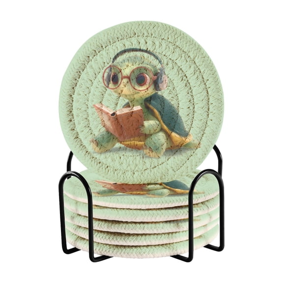 6 Pieces Coil Coasters Bar Coasters Anti-slip Coasters Heat-resistant Coasters Fashion Cartoon Turtle Reading