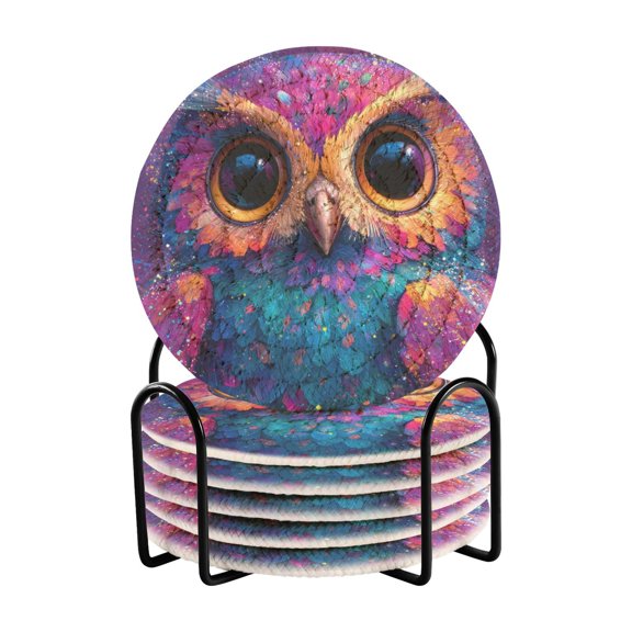 6 Pieces Coil Coasters Bar Coasters Anti-slip Coasters Heat-resistant Coasters Fashion Cute Purple Owl Pattern