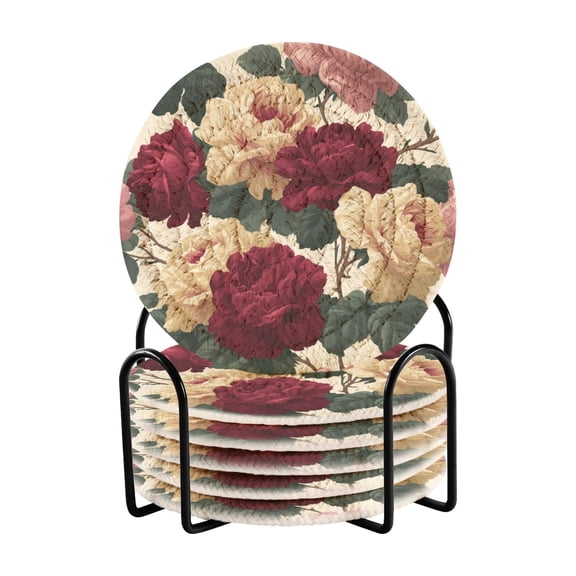 6 Pieces Coil Coasters Bar Coasters Anti-slip Coasters Heat-resistant Coasters Fashion Large Open Burgundy Roses