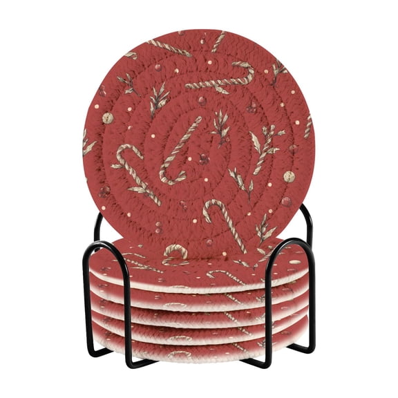 6 Pieces Coil Coasters Bar Coasters Anti-slip Coasters Heat-resistant Coasters Fashion Red Christmas Candy Cane