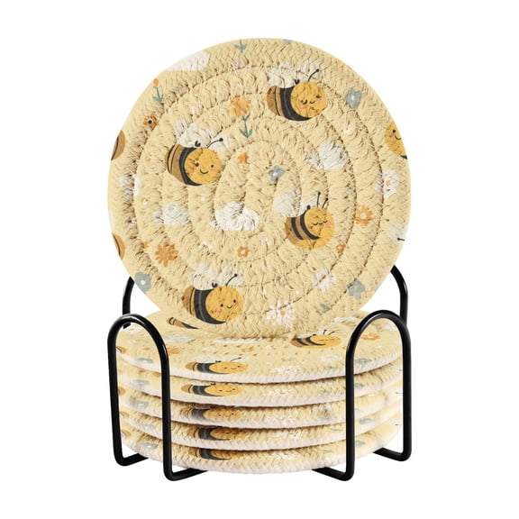 6 Pieces Coil Coasters Bar Coasters Anti-slip Coasters Heat-resistant Coasters Fashion Smiling Bees Yellow Honeycomb
