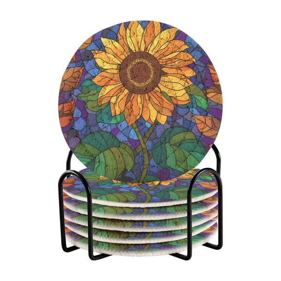 6 Pieces Coil Coasters Bar Coasters Anti-slip Coasters Heat-resistant Coasters Fashion Stained Glass Sunflower