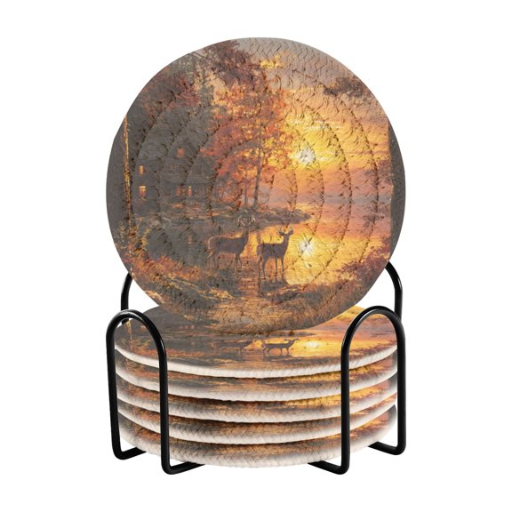 6 Pieces Coil Coasters Bar Coasters Anti-slip Coasters Heat-resistant Coasters Fashion Two Deer Near Lake