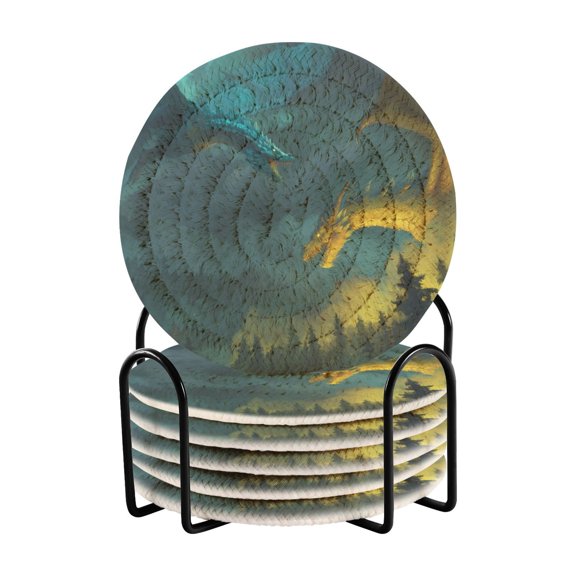 6 Pieces Coil Coasters Bar Coasters Anti-slip Coasters Heat-resistant Coasters Fashion Two Dragons Sky Blue Wings