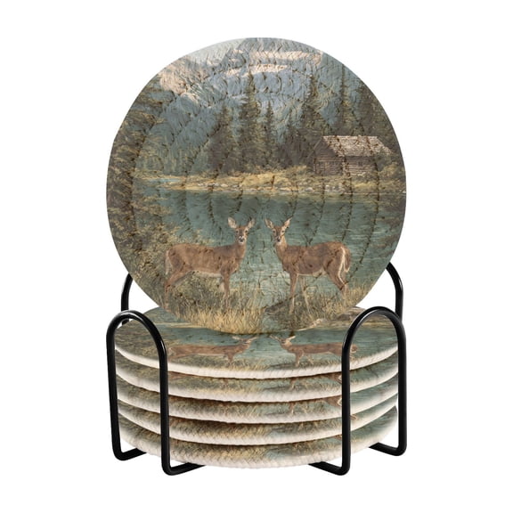 6 Pieces Coil Coasters Bar Coasters Anti-slip Coasters Heat-resistant Coasters Fashion Two White Tailed Deer