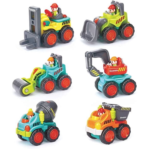 6 Pieces Construction Vehicles Toy Trucks Set - Bulldozer, Cement Mixer, Dumper, Forklift, Excavator and Road Roller for Your Little Contractor - Push and Go Sliding Toys for Toddlers 18m+