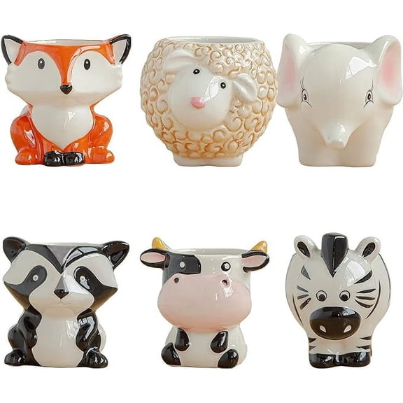 6 Pieces Cute Animal Succulent Planter Pot with Drainage Hole, Cartoon Cow Elephant Ceramic Flower Plant Pot Tiny Flower Planter Cactus Container Indoor Outdoor Office Home Decor
