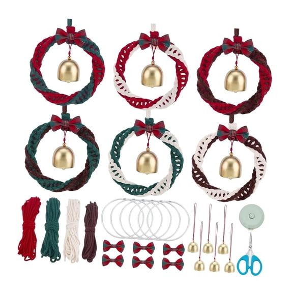 6 Pieces DIY Christmas Macrame Wreath Kit Tree Hanging Ornament with Bell Rope Material for Family Festival