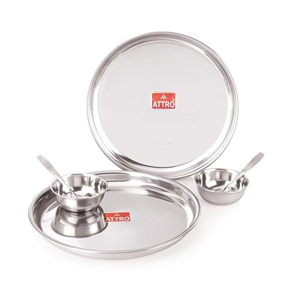 6 Pieces Dazzle Series Stainless Steel Dinnerware/Dinner Set - 2 Thali, 2 Bowl, 2 Spoon, Food Grade Quality Kitchen Set Use for Home, Restaurants & Outdoor - Silver,Solid