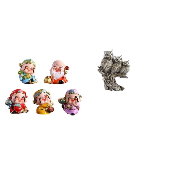 6 Pieces Desktop Figurine Owl Sculpture Fortune God Mini Statue Resin Craft for Bedroom Office Parties