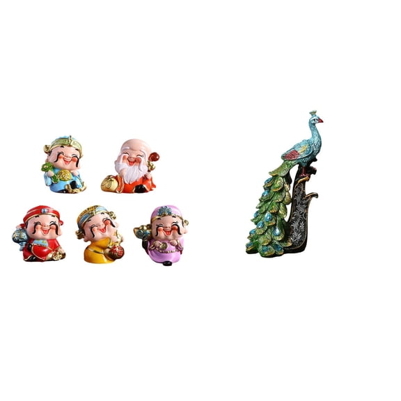 6 Pieces Desktop Peacock Statue Cartoon God of Fortune Resin Table Decoration for Bedroom Bookshelf Office