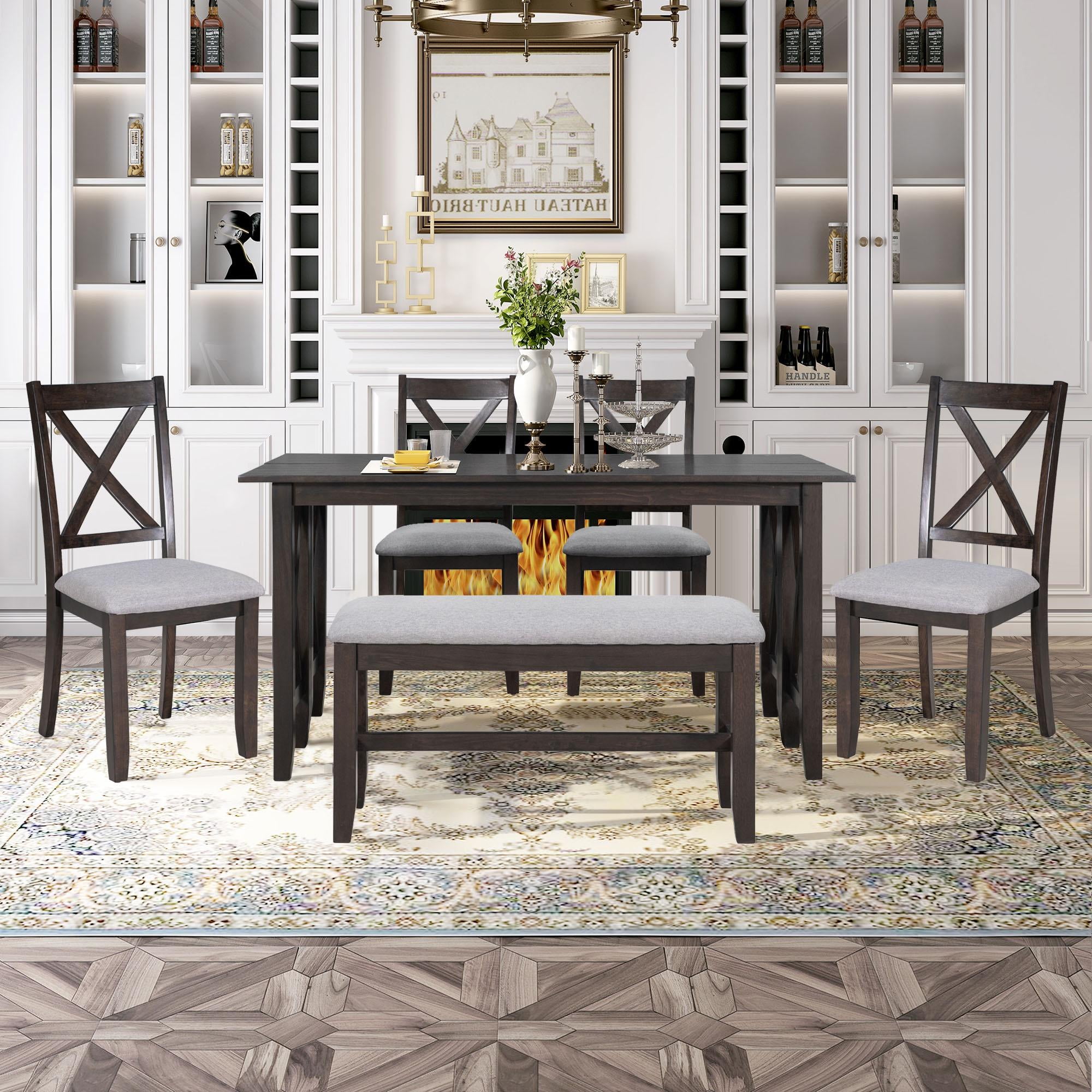 6 Pieces Dining Table and Chairs Set, SYNGAR Wooden Dining Set with 4 ...