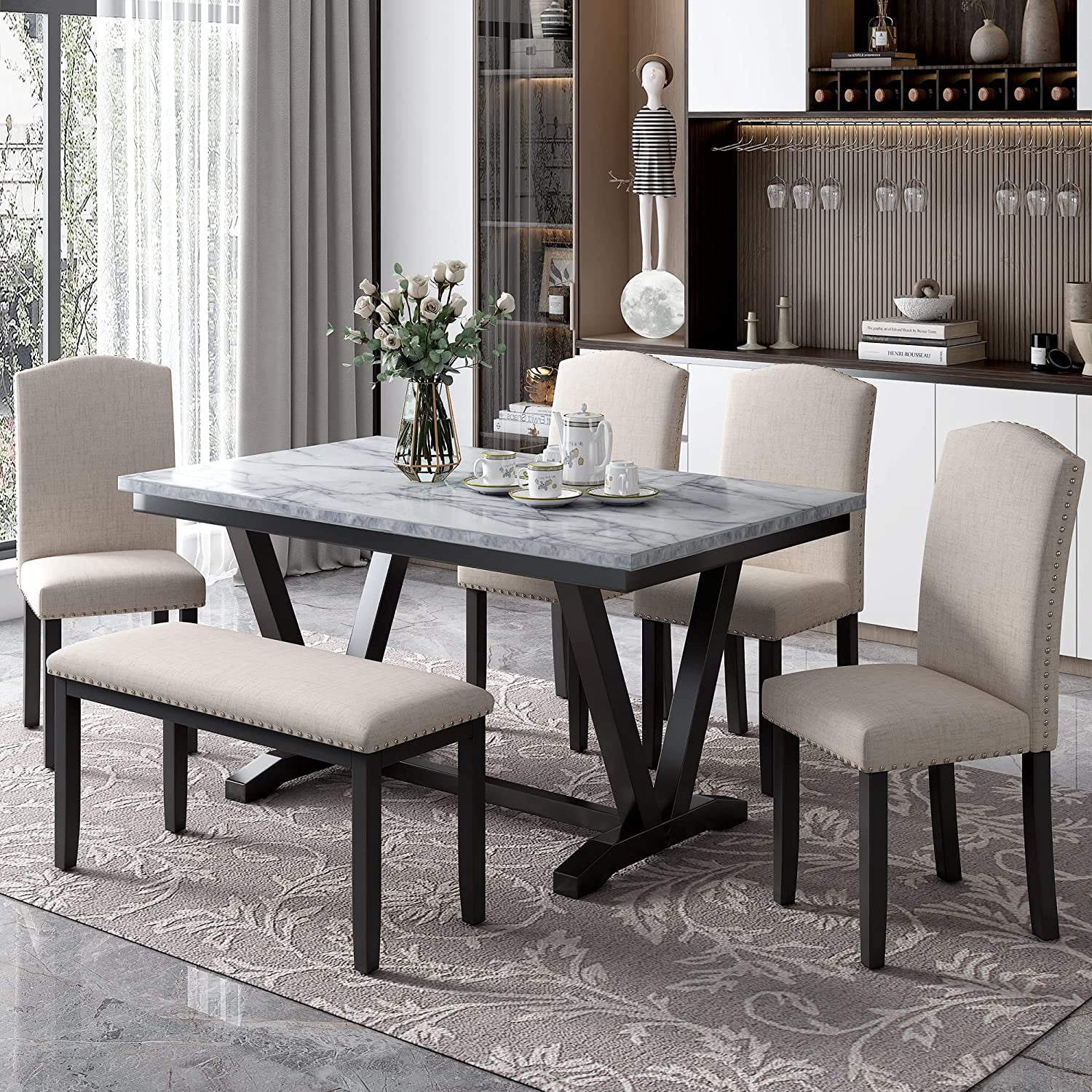 6 Pieces Dining Table Set with Bench, Rectangle Dining Table with 4 ...