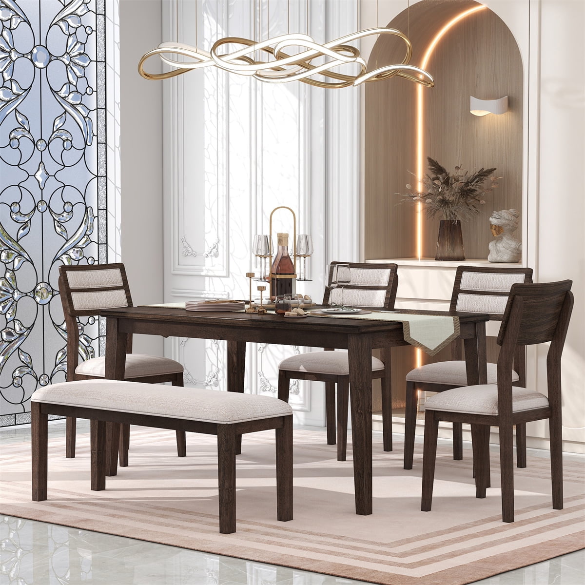 6 Pieces Dining Table Set, Wood Dinette Table with 4 Upholstered Chairs ...