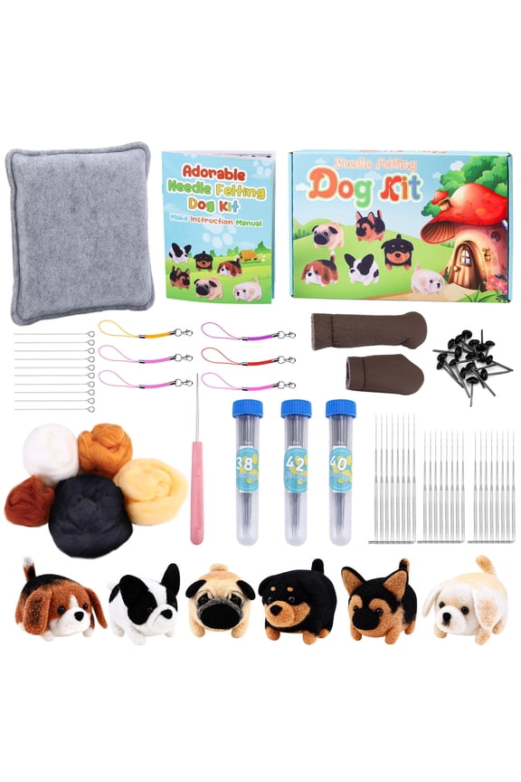 6 Pieces Dogs Needle Felting Kit, Wool Felting Kit with Instructions, Felt Pad, Needles, Keychain, Eyes, Scissors, DIY Needle Felting Starter Kit for Beginners Adults Gifts Home