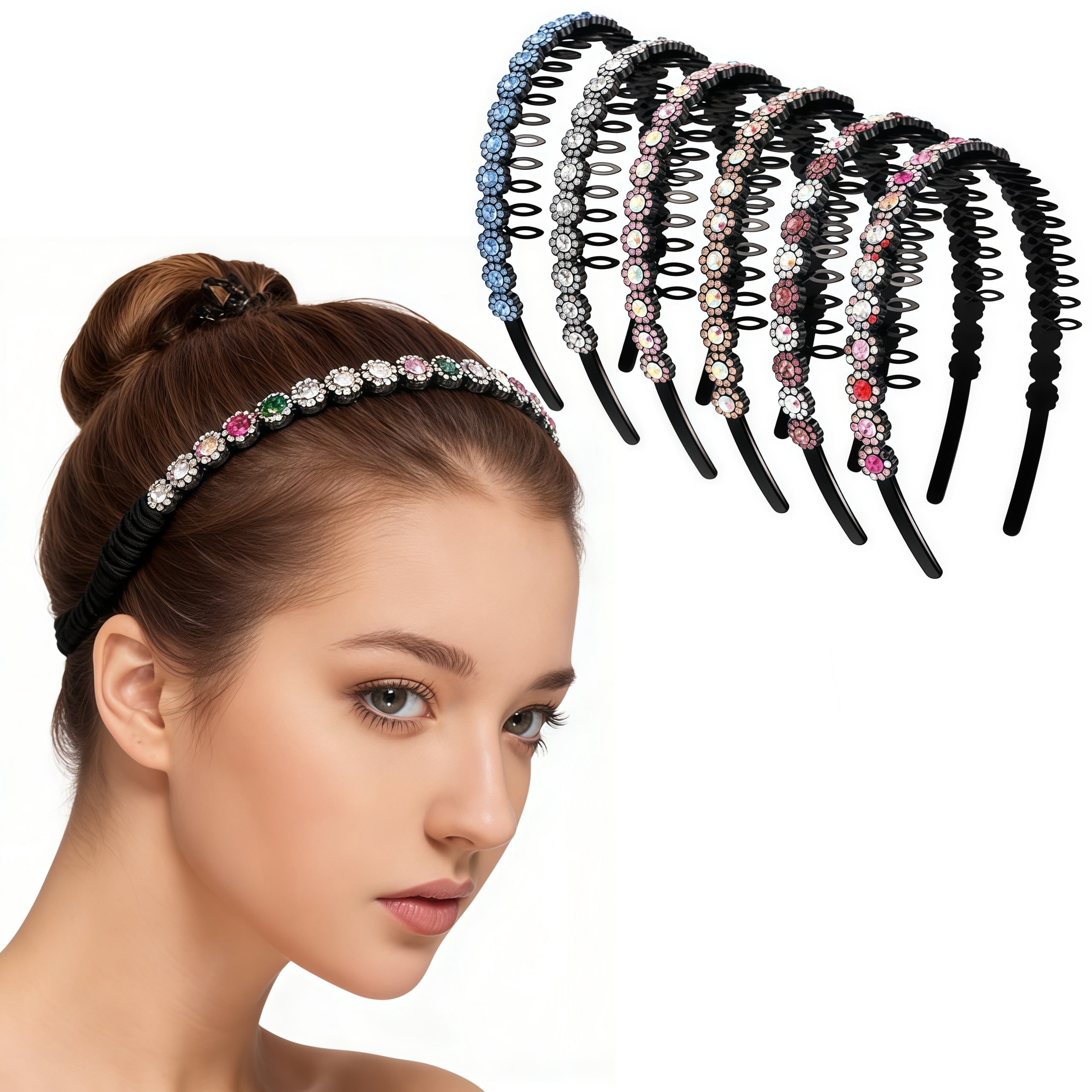 GIXUSIL 6 Pieces Elastic Rhinestone Beaded Headband, Non-Slip