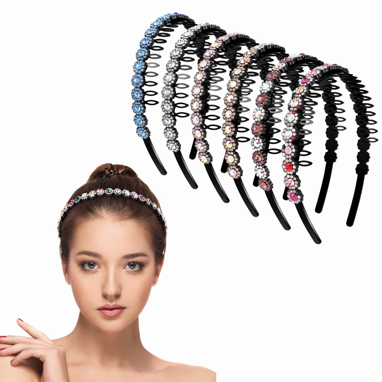 GIXUSIL 6 Pieces Elastic Rhinestone Beaded Headband, Non