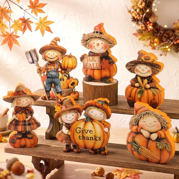 6 Pieces Fall Decor Wooden Scarecrow Pumpkin Figurines Rustic Autumn Harvest Tabletop Decoration for Thanksgiving Home Kitchen Centerpiece, Shelf Sitter Holiday Display