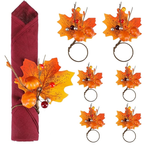 6 Pieces Fall Napkin Rings, Harvest Pumpkin Berry Maple Leaves Napkin Holder, for Thanksgiving Dinner Fall Gathering Table Decor Accessories
