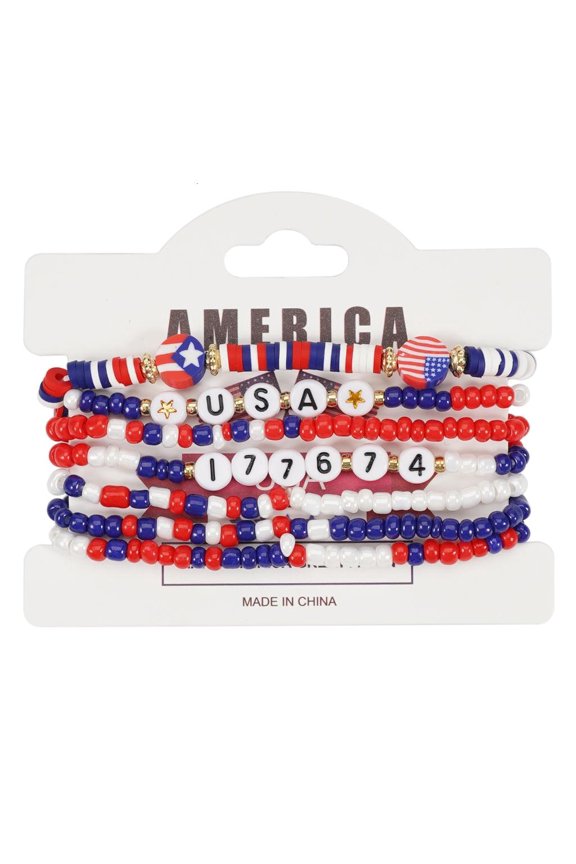 6 Pieces Fashionable Americans Flag Bead Bracelet Set Elastic Crystals Glass Designs July 4th Celebration Jewelry