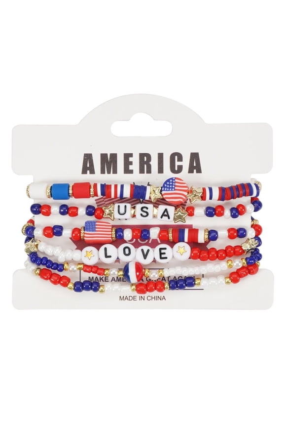 6 Pieces Fashionable Americans Flag Bead Bracelet Set Elastic Crystals Glass Designs July 4th Celebration Jewelry