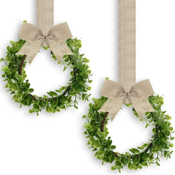 6 Pieces Faux Kitchen Cabinet Wreaths Boxwood Wreaths with Ribbon Artificial Green Leaves Wreaths Decorative Hanging Wreaths for Cabinet Wall Window Front Door Decors (Natural, Burlap)