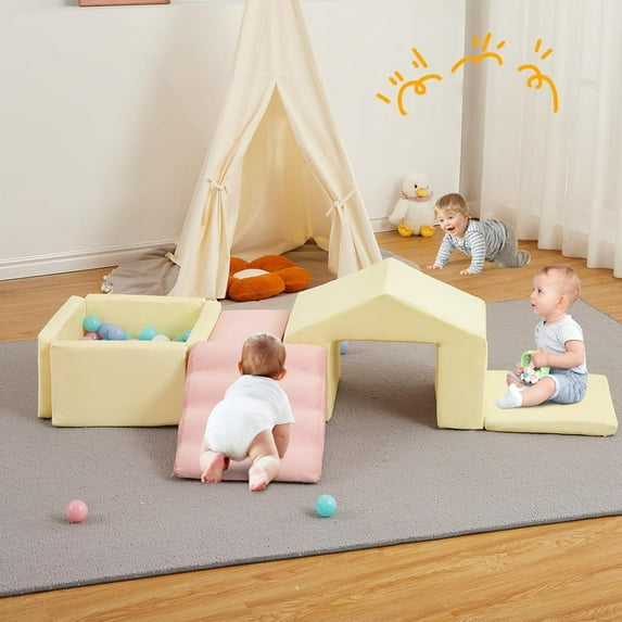 6 Pieces Foam Climbing Blocks for Toddlers, Toddler Climbing Blocks Indoor with Ball Pit, Grey Soft Play Set Foam Climbing Blocks for Crawling Sliding