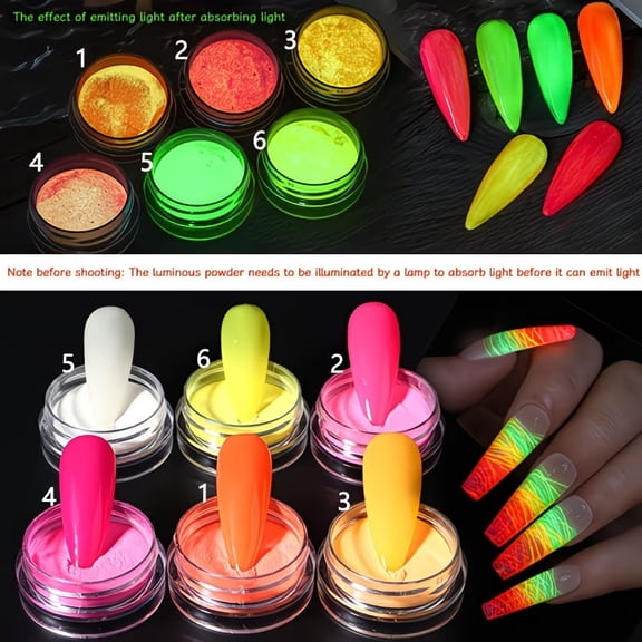6 Pieces, French flame luminous powder disco nail art luminous powder luminous quicksand powder fluorescent powder DIY flow material luminous fluorescent gradient jumping color nail powder
