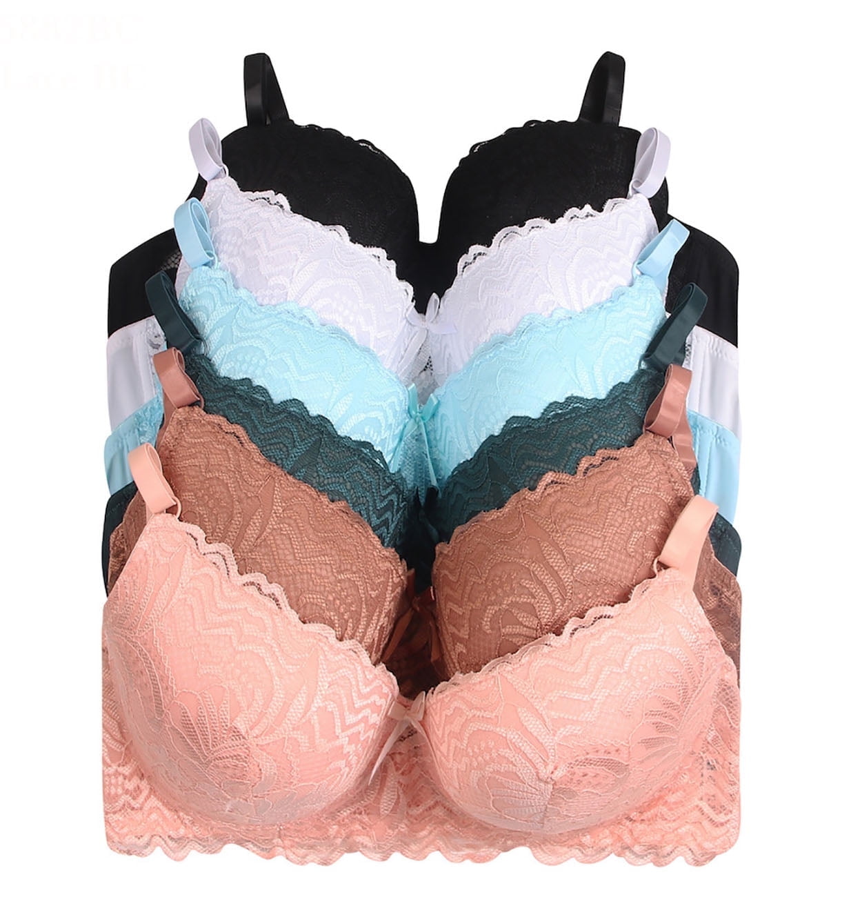 6 Pieces Full Cup Embroidery Demi Plain/Lace Push Up Pushup B/C Bra (34B)