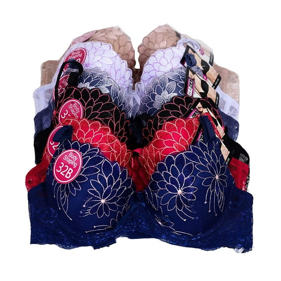 6 Pieces Full Cup Embroidery Demi Plain/Lace Push Up Pushup B/C Bra (34B)