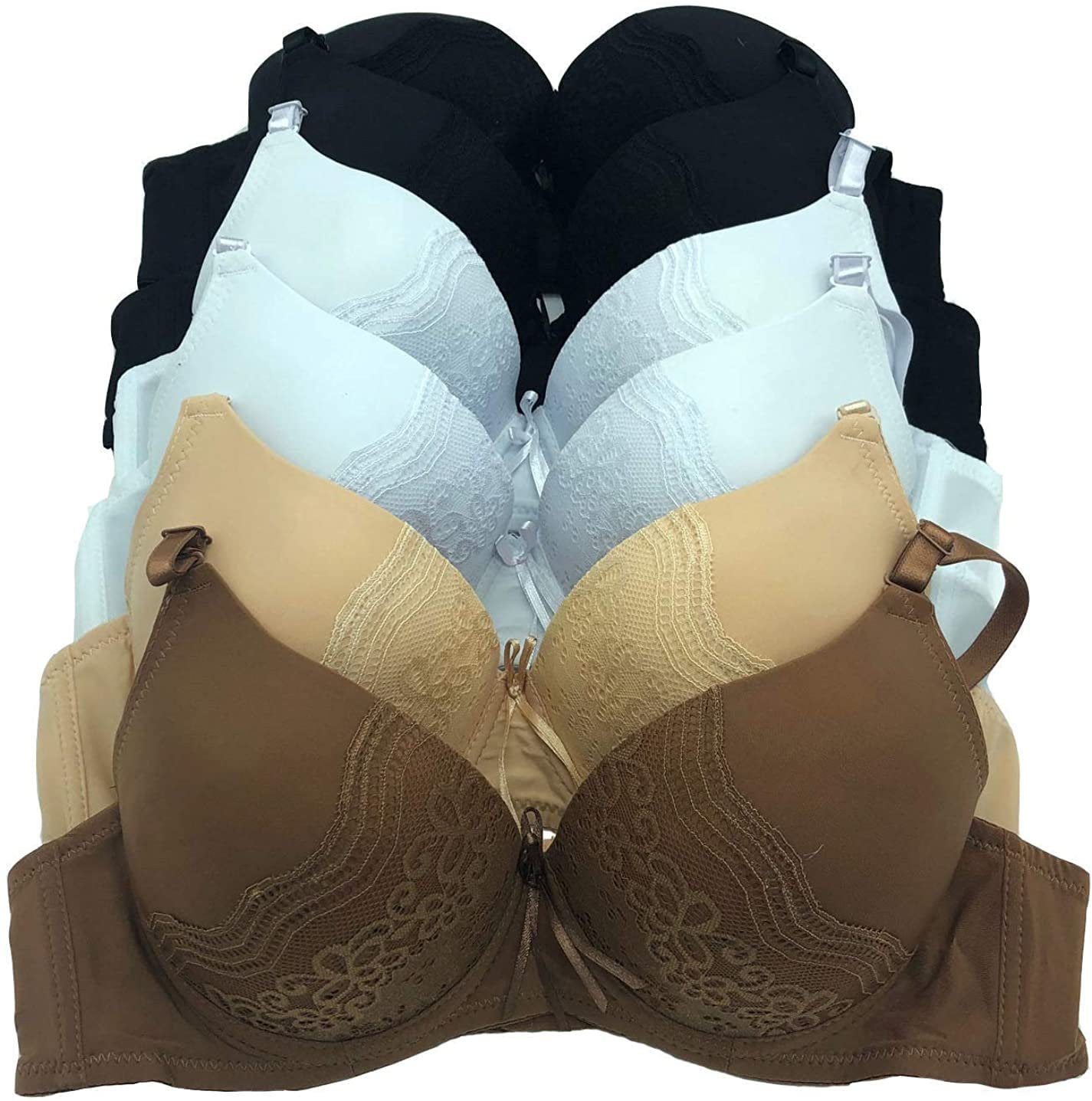 Women Bras 6 Pack of Double Pushup Lace Bra B cup C cup Size 36B (9904)
