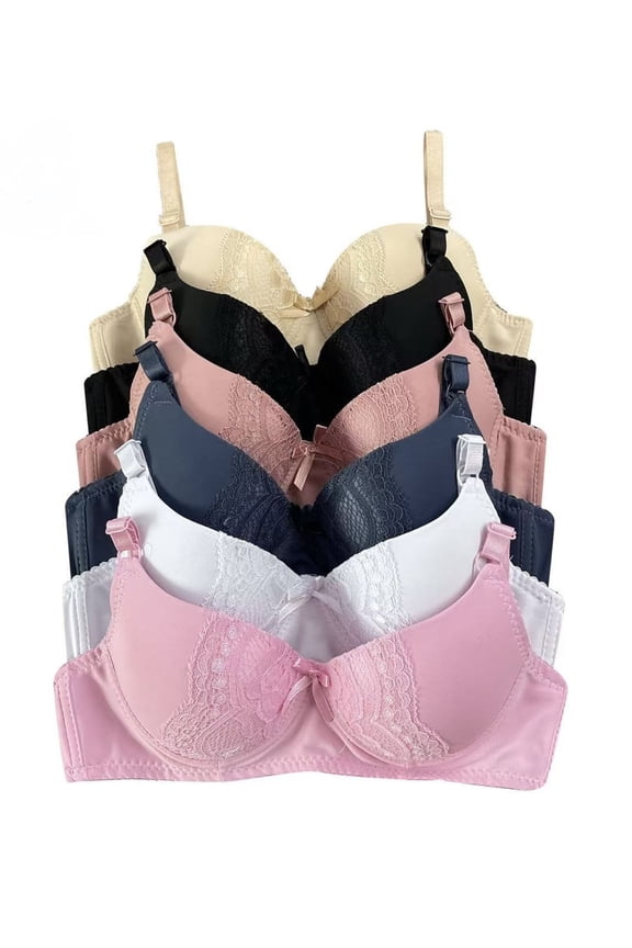 6 Pieces Full Cup Plain/Lace Push Up Bra B C Cup 32B